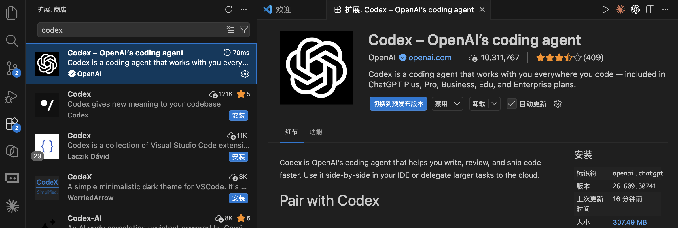 VS Code 扩展市场搜 codex,认准发布者 OpenAI 的官方扩展